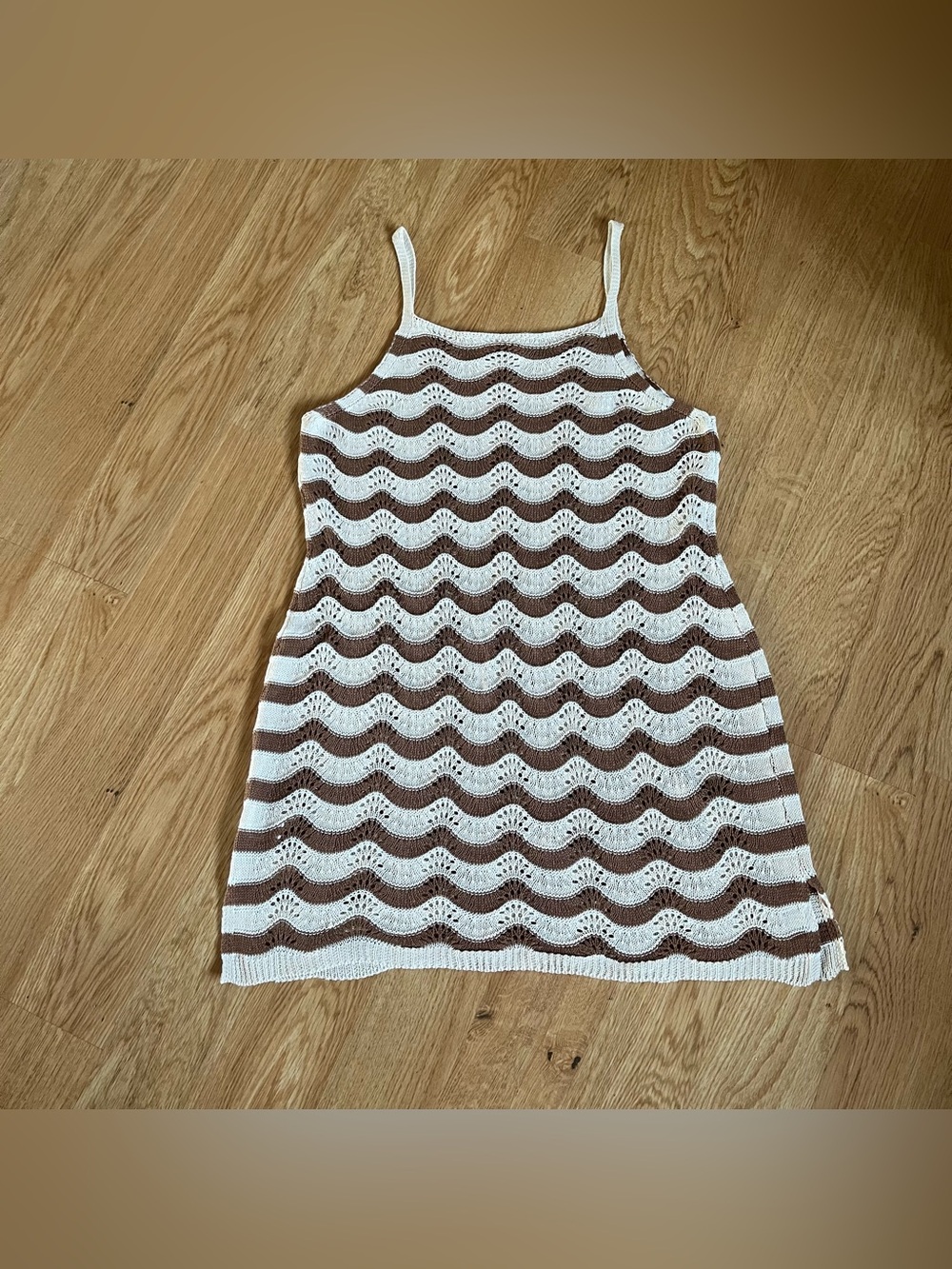 Women's Brown/White Striped Knit Slip Mini Dress Square Neck Strappy Size M